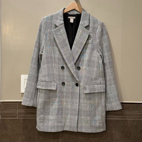 H&M Checked Pattern Double-Breasted Midi-Length Blazer Jacket (Grey/Black/White) - Picture 3 of 16